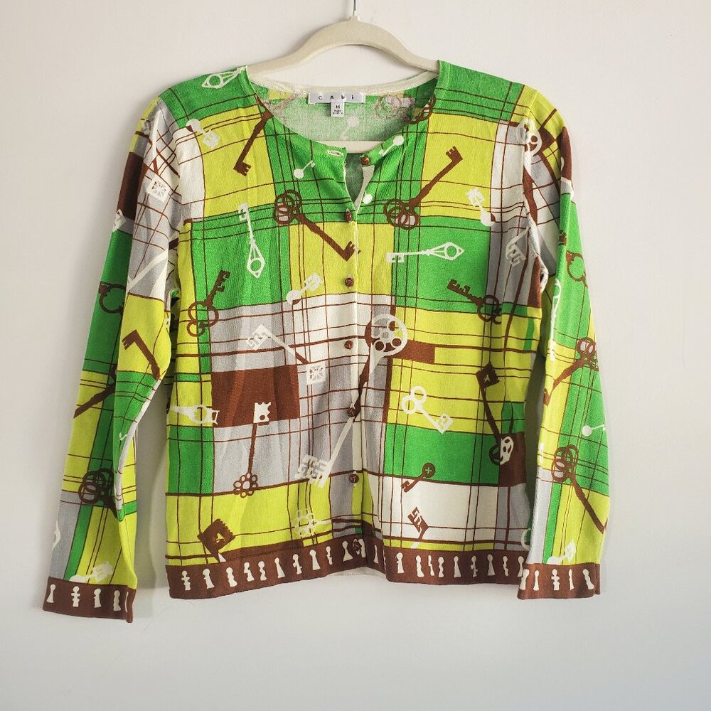 Cabi Printed Cardigan Sweater Medium Green Yellow Preppy Twee Novelty Vintage